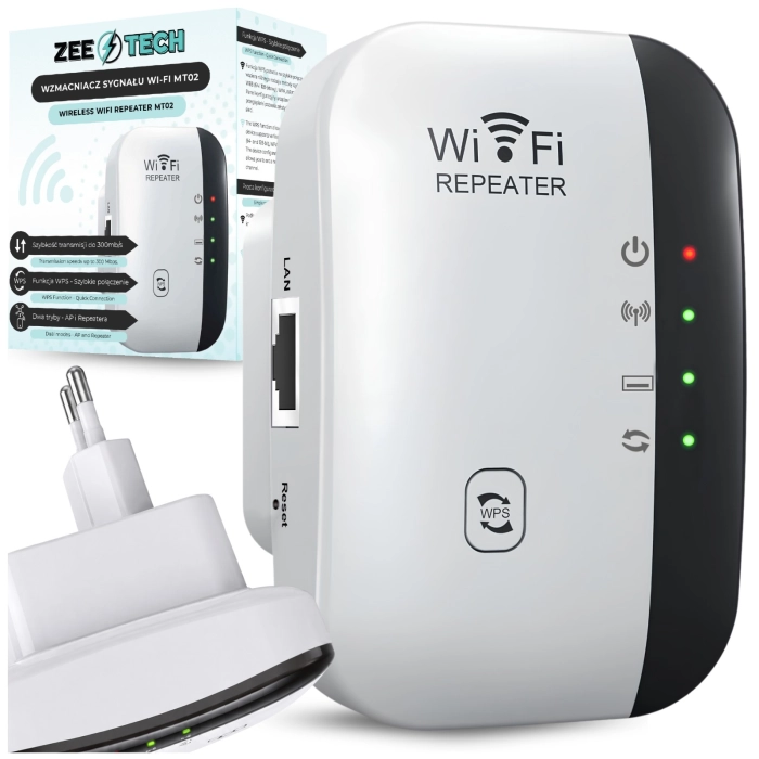 Wzmacniacz sygnału WiFi 300 mb/s + repeater z mocnym zasięgiem (2 tryby + WPS)